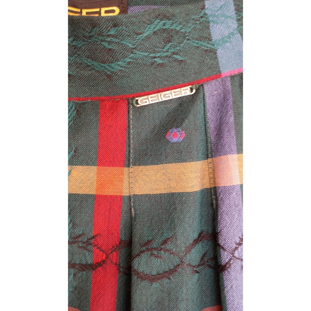 Vintage Geiger Green Plaid Boiled Wool Midi Skirt Rosette Embroidered Size 36 S - Picture 5 of 9